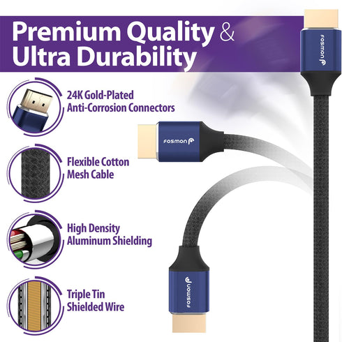 Fosmon HDMI 2.0 Cable 4K@60Hz 10ft, Premium Certified in-Wall CL3 Rated, 18Gbps Super High Speed, HDR, HDCP 2.2/1.4, 3D, ARC, 30AWG Cotton Braided...