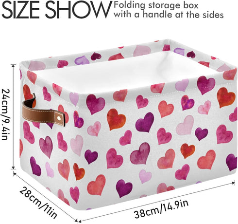 senya Valentines Storage Basket, Large Foldable Storage Basket with Handles, Pink Love Hearts Fabric Collapsible Storage Bins Organizer Bag for Ba...