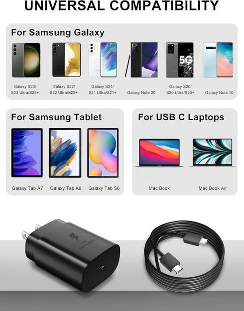 25W Type C Fast Charger Set for Samsung A54 A53 A35 - Super Fast PD USB C Wall Charging Block Android Phone Charger with 3.3 FT 3A C to C Cable fo...