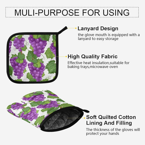 Potholders and Oven Mitts Purple Grape Vine and Leaves Non Slip Heat Resistant Oven Mitts and Pot Holders Sets for Kitchens for Baking Finger Hand...