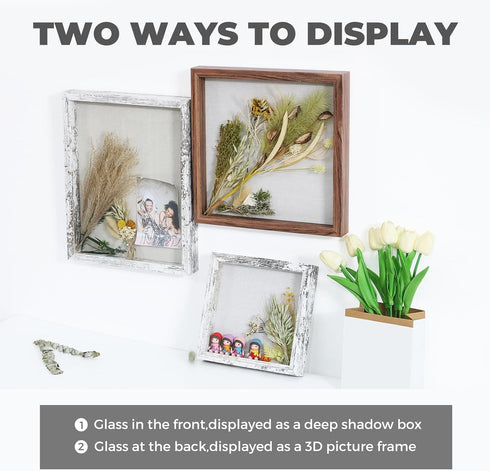 Muzilife 8x8 Shadow Box Picture Frame with Linen Board - Deep Wood & Glass Display Case Ready to Hang Memory Box Baby Sports Memorabilia, Pins, Aw...