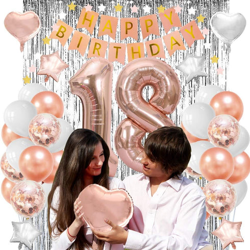 Happy 18th Birthday Decorations for Girls-Complete 18 Party Decor-Rose Gold 18th Birthday Balloons Kit with 40" Giant 18 Number Balloon...