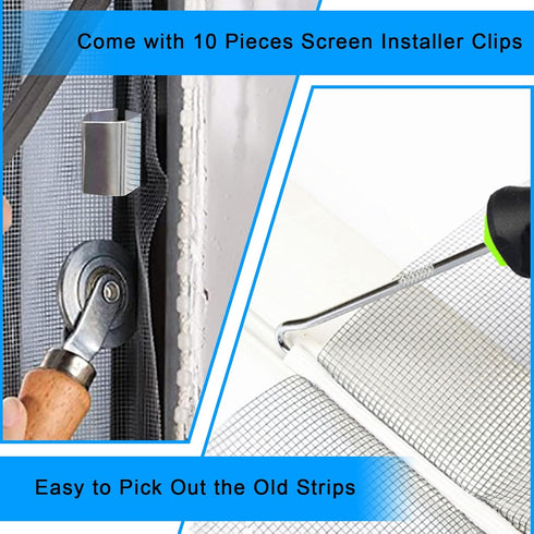 Window Screen Repair Kit Mesh Screen Spline Roller Repair Tools Kit with Screen Installer Clips and Spring Tension Clips, Metal and Plastic Spline...