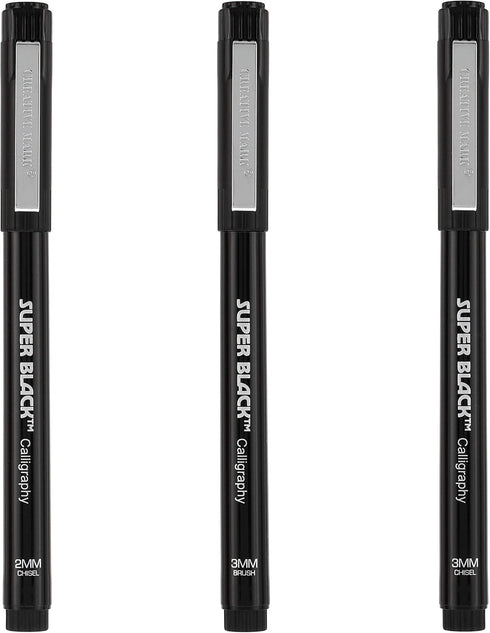 Creative Mark Calligraphy & Fineliner Pen Set of 3 Lettering & Calligraphy Drawing - Super Black, Permanent, Waterproof, & Acid-Free Chisel Nylon-...