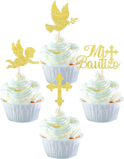 24 Pack Spanish Mi Bautizo Cupcake Toppers with Glitter Cross Angel Dove Baptism Cupcake Picks Decorations for Religious God Bless Theme Baby Show...