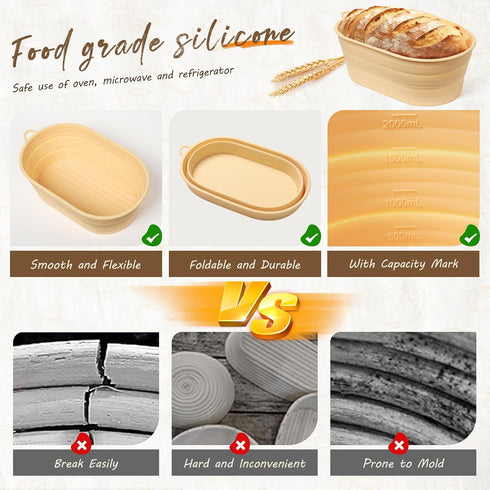 Silicone Bread Proofing Basket - 10 inch Oval Sourdough Bread Baking Basket with Capacity Scale, Collapsible Bread Bowls Silicone Proofing Baskets...