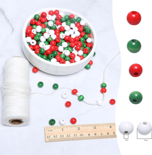 450Pcs10mm Wood Beads for Craft/Christmas Decor Red, Green and White Painted Wooden Beads Hole 3mm, Loose Spacer Beading Supplies for Jewelry Maki...