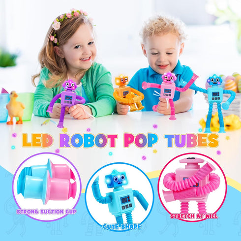 Robot Fidget Toys for Kids : 4 Pack LED Robotic Pop Tubes Telescopic Suction Cup Sensory Toy for 2 3 4 5 6 7 8 Year Old Boys Girls Christmas Birth...