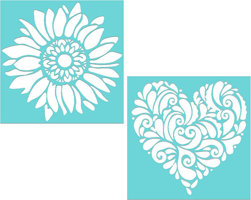 BOHO Sunflower Stencil and Mandala Heart Silkscreen Stencils for Painting on Wood, Canvas, Tshirts, Fabric, Walls and More - Flower Self Adhesive ...