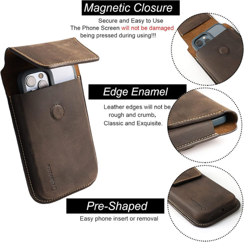 Gentlestache Leather Cell Phone Holster with Belt Clip, Flip Case for iPhone 14 13 Pro Max, Holder S22 Plus, Universal Pouch Large Phone,Darkbrown...