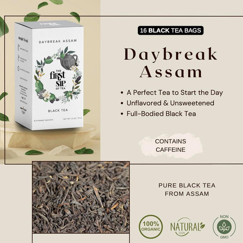 Daybreak Assam Black Tea, Pyramid Tea Bag Sachets, High Caffeine, Strong Morning Tea, Pure Unblended, Hot & Iced Tea - 16 Cups | The Spice Hut, Fi...