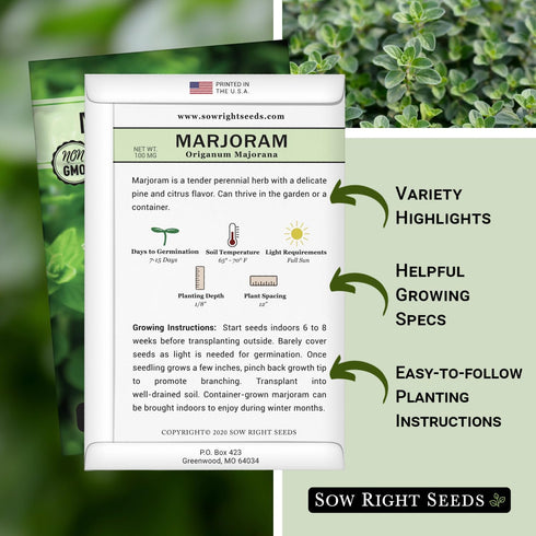 Sow Right Seeds - Marjoram Seeds for Plantin - Non-GMO Heirloom Packet with Instructions to Grow A Beautiful Herb Garden - Plant Indoors and Outdo...