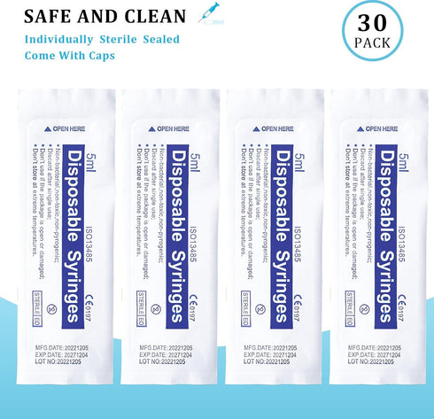 30 Pack 5ml Plastic Syringe Without Needle, Sterile - Syringes Tools for Feeding Pets, Measuring Syringe, Scientific Labs, Oil or Glue Applicatorc...