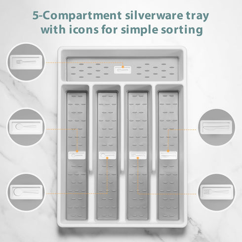 Silverware Organizer with Icons?Plastic Cutlery silverware Tray for Drawer?Utensil Flatware Tableware Organizer for Kitchen with Non-slip TPR,Fits...