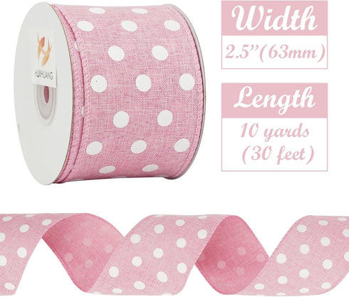 HUIHUANG Pink Polka Dot Burlap Ribbon Wired Edge Ribbon Easter Wreath Ribbon 2.5 Inch X 10 Yards Pink and White Polka Dot Ribbon for Wreaths Bows ...