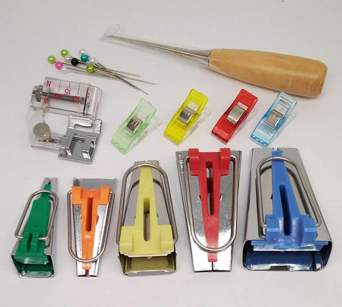 YICBOR Bias Tape Maker 6mm 9mm 12mm 18mm 25mm Fabric Bias Binding Maker with Binder foot Bradawl Quilting Clips Sewing Pins Kit (Bias Tape Maker(b...