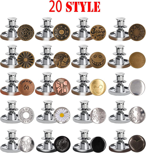 EuTengHao Jeans Button Pins 20 Styles,Adjustable Jeans Buttons,Metal Sweing Buttons for Jeans Pants Jackets,No Sew Detachable Replacement Button I...