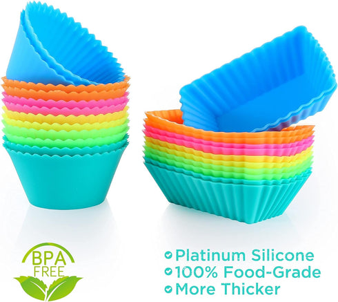 IPOW 24 Pack Silicone Cupcake Baking Cups Reusable Food-Grade BPA Free Non-Stick Muffin Liners Molds Sets, 2 Shapes Round Rectangle...