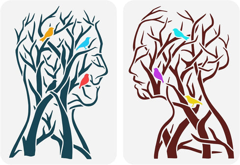 FINGERINSPIRE 2PCS Tree of Life Stencil 11.7x8.3 inch Man Woman Painting Stencil Branch Bird Craft Stencils Human Shape Tree Stencil Template for ...