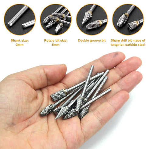 Tungsten Carbide Double Cut Burr Set, with 1/8" Shank 1/4" Grinding Head Length Tungsten Steel for Grinder, DIY Wood-Working Carving, Soft Metal P...