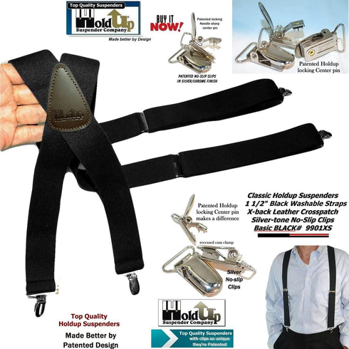 1 1/2" Wide Classic Series Holdups Suspenders for Men in X-back style w/USA Patented No-slip® Silver Clips...
