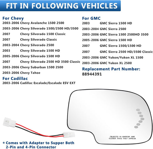 Passenger Side Mirror Glass Replacement for 2003-2006 Chevy Silverado GMC Sierra Tahoe Yukon Suburban Avalanche Cadillac Escalade, Heated Exterior...