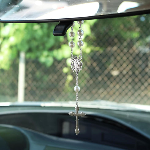 Catholic Auto Accessories, Pink Car Rosary for Rearview Mirror and Guardian Angel Visor Clip, Religious Gifts for New Drivers...
