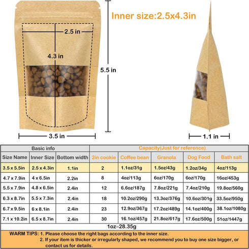 Blisstime Stand Up Pouches, 50 Pack Kraft Paper Bags with Matte Window and Tear Notch Resealable Bags for Small Business Home Use (3.5 X 5.5 Inche...