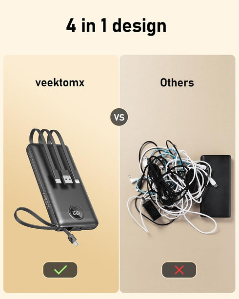 VEEKTOMX Portable Charger with Built-in Cables, 10000mAh Power Bank for iPhone, Slim Fast Charge USB C Battery Pack, Travel Essentials Powerbank C...