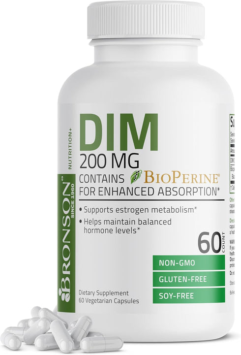 Bronson DIM Supplement 200 mg Diindolymethane with BioPerine for Enhanced Absorption, Estrogen Metabolism & Maintains Balanced Hormone Levels, 60 ...