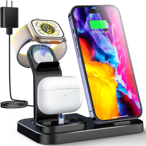 3 in 1 Wireless Charging Station for Apple Devices, Charging Dock for iWatch 9 8 7 6 SE 5 4 3 2 1, Built-in Charger Stand for iPhone Series AirPod...
