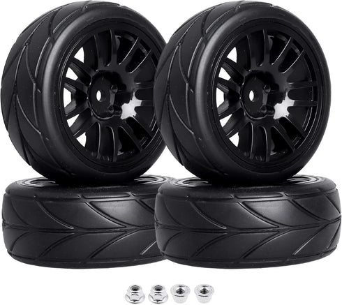 4-Pack 1:10 Scale RC On-Road Racing Tires and Wheels with Foam Inserts 12mm Hex Hub Fits for Traxxas Redcat Tamiya TT-02 (Color A)...
