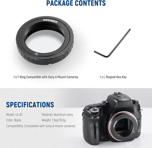 NEEWER T Ring with M42 Threads Compatible with Sony A Mount Cameras & Telescopes, Lens Adapter Ring for a99II a99 a900 a850 a77 II a77 a65 a58 a57...