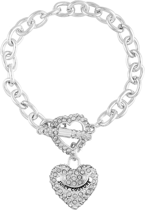 Juicy Couture Silvertone Glass Stone and Heart Charm Toggle Bracelet...