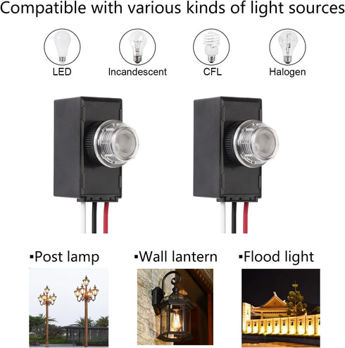 Dusk to Dawn Sensor 2 Packs, Photocell Light Sensor for Outdoor Lighting, 120-277V Photoelectric Switch Replacement with Wire Caps, Hard-Wired Pos...