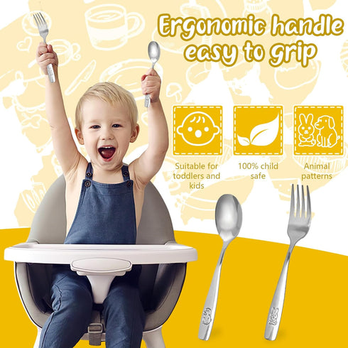 HANSGO 12PCS Children Safe Forks and Spoons, Silverware for Kids Cutlery Set Toddler Utensils Stainless Steel Tableware with Bunny and Puppy Motif...