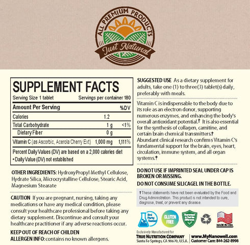 Acerola Cherry Vitamin C 1000mg, Immune Support - 180 Tablets X 1 Bottle (180 Count)...