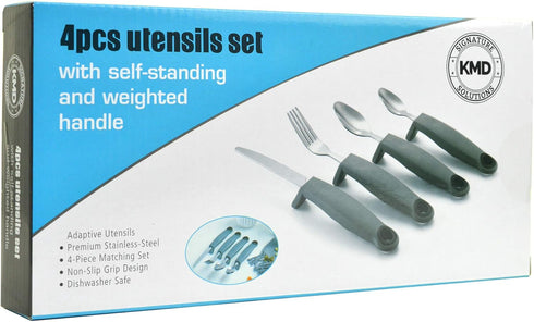 KMD Adaptive Utensils Set with Weighted and Self-Standing Handles (4-Piece), Fork, Knife, and 2 Spoons for Arthritis, Parkinson’s, Tremors, Elderl...