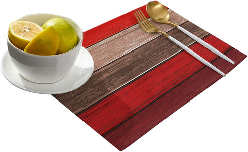 Vandarllin Christmas Red Brown Placemats Set of 6, Retro Rustic Barn Wood Texture Polyester Stain Resistant Table Mats Washable Placemat Decoratio...