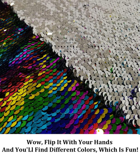 Partisout Sequin Fabric Mermaid Fabric 5mm Glitter Fabric 1 Yard Rainbow to Silver Two Tone Sequin Fabric Sparkly Fabric by The Yard Mesh Fabric R...