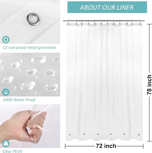 Mrs Awesome Long Shower Curtain Liner with 6 Magnets 72 x 78 inch, PEVA 8G Thick & Heavy Duty Plastic Shower Curtain for Bathroom, Waterproof,72x7...