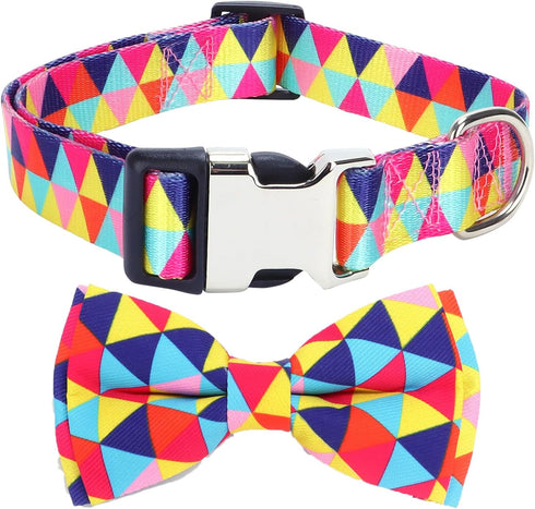 Dog Collars with Bow Tie Colorful Geometry Patterns, Small Puppy Dog Collars with Bow, Adjustable Dog Collar for XS Small Medium Large Dog (Colorf...