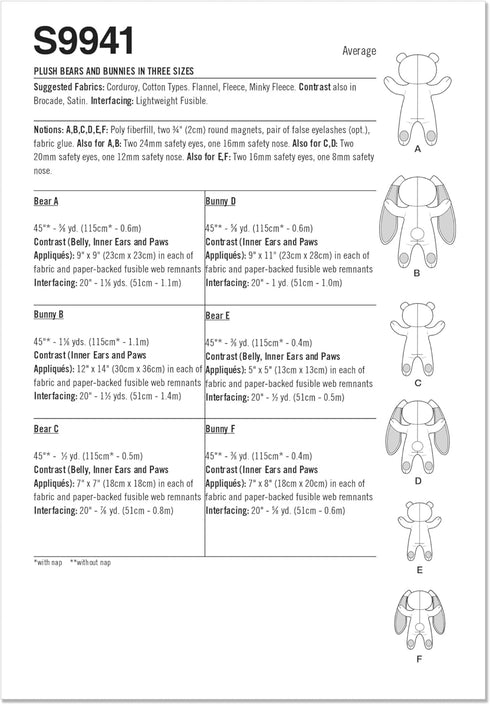 Simplicity Bears and Bunnies Plush Animals Sewing Pattern Packet, Design Code S9941, Sizes Vary, Multicolor...