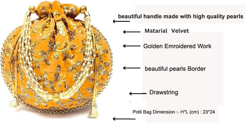 Women Potli Bag Gota Patti Work Embroidered Golden work Handbag Silk Purse Party wedding Clutch Gifting Pearls...