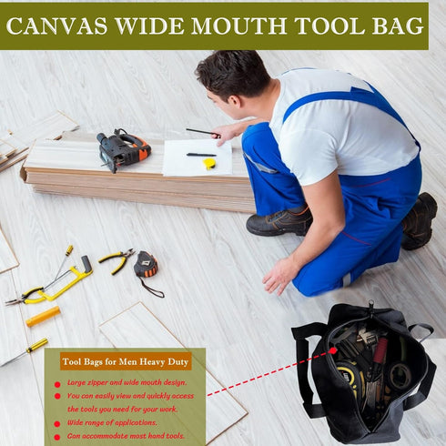12 Inch Small Tool Bags for Men,Wide Mouth Zipper Tool Storage Bag,Large Capacity Canvas Tool Tote Bag,Portable Multi-Function Tool bag for Storag...