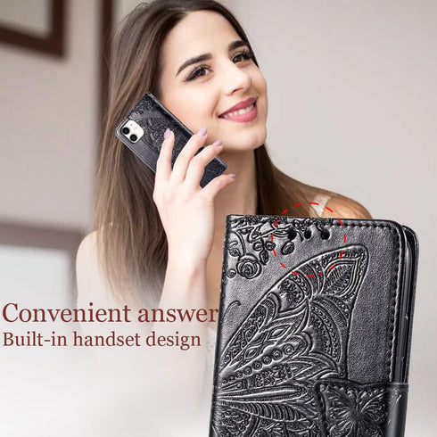 for iPhone 11 Wallet Case,Women Flip Folio Cover with Butterfly Embossed PU Leather Stand Card Holder Slots Magnetic Detachable Wrist Strap for iP...