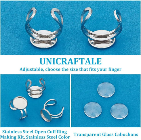 UNICRAFTALE 20 Sets DIY Blank Dome Finger Rings Stainless Steel Open Cuff Ring Making Kit Adjustable Ring Blanks 14mm Base Ring Bezel Tray with Gl...