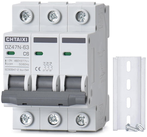 AC Miniature Circuit Breaker, 6 Amp 480V 3 Pole DIN Rail Mount Circuit Breaker, Thermal Magnetic Trip, AC Disconnect Switch MCB C6...