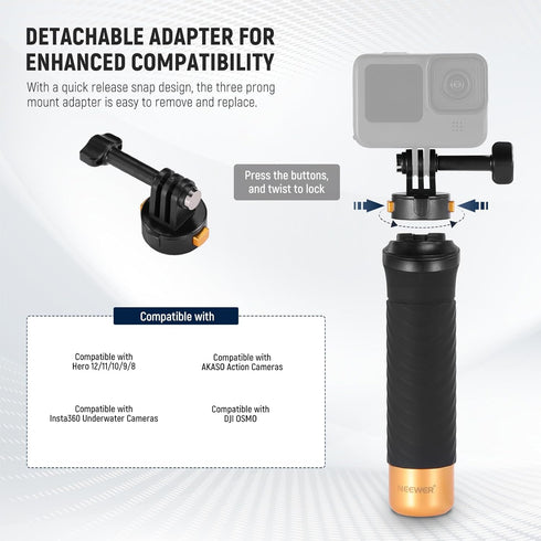 NEEWER Quick Release Floating Hand Grip for Action Camera, Underwater Handle Stick Mount with Detachable Camera Mount Adapter Wrist Strap, Compati...