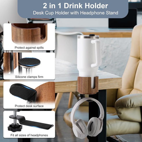 Nnewvante Desk Cup Holder, 2 in 1 360° Rotating Headphone Hanger Under Desk, 360° Anti-Spill Cup Holder, Table Cup Holder for Water Bottles, Gamin...